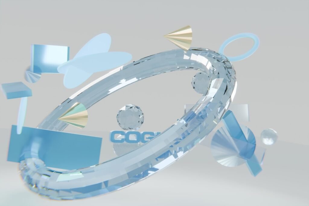 Abstract composition of transparent blue and clear geometric shapes.