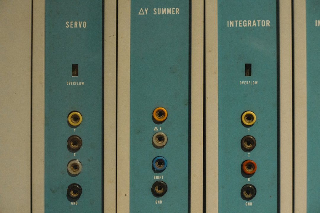 A row of blue and white electrical switches