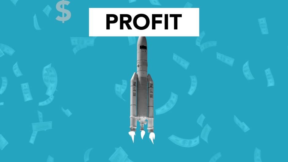subscription commerce model — Creative illustration representing economic profit concept with flying rocket among falling dollar cash