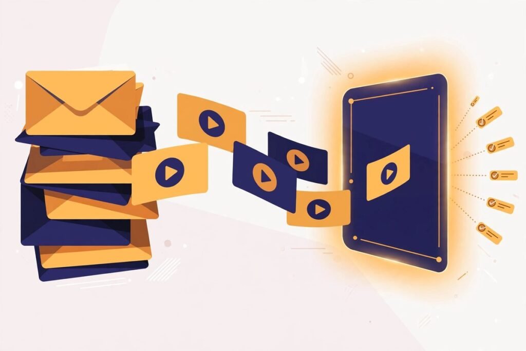 AI newsletter summarizer illustration: newsletters flowing into an action dashboard