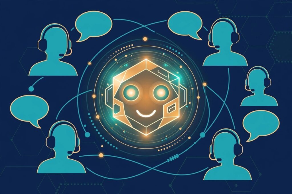 Illustration of an agentic AI support bot assisting customers and human agents