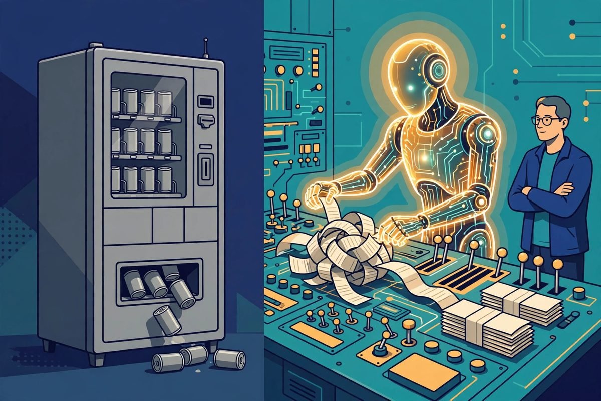 Illustration comparing a traditional chatbot with an agentic AI support bot that escalates to a human expert