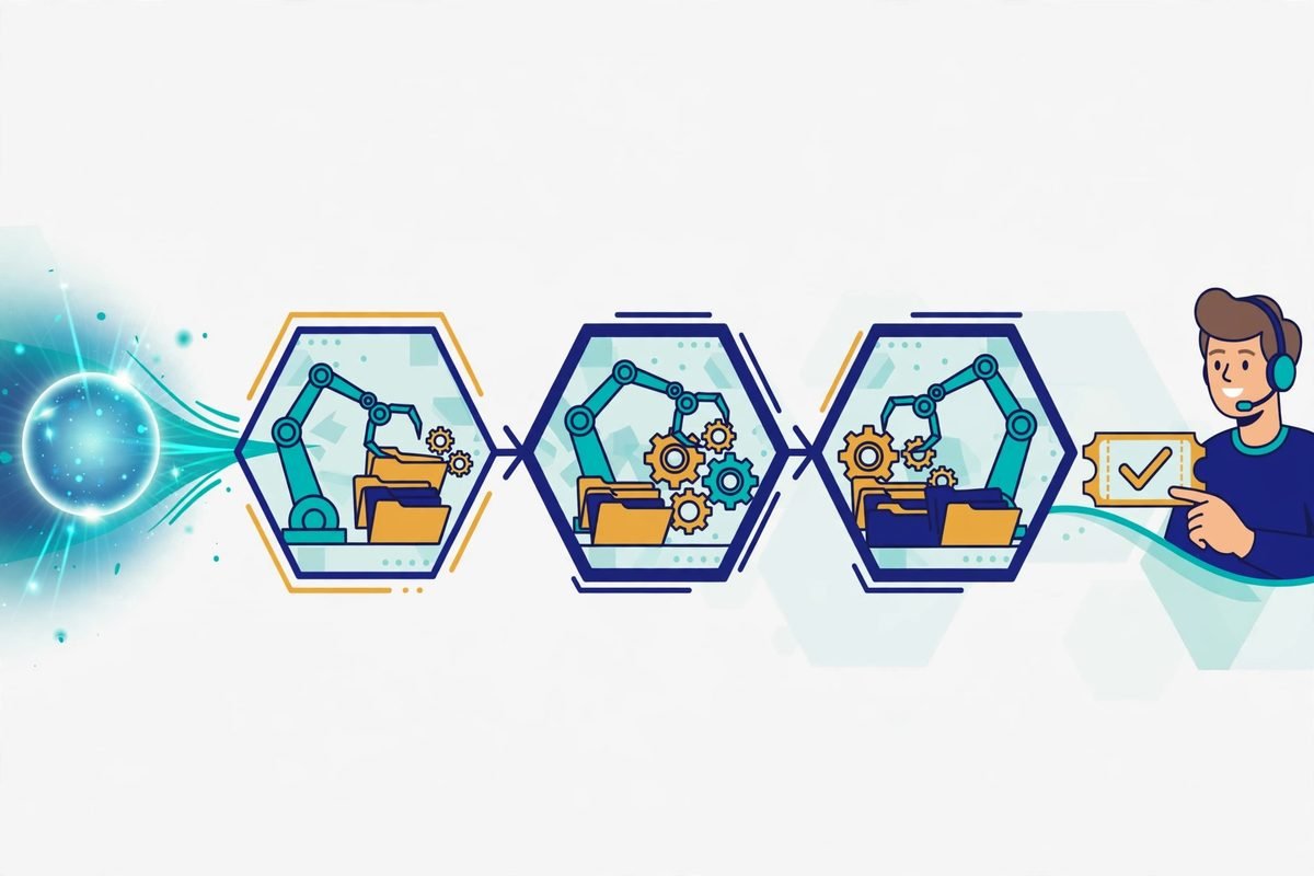 Illustration of an agentic AI customer support workflow resolving a ticket through multiple stages