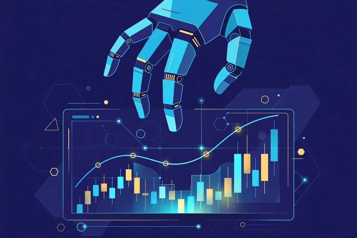 Agentic trading bots: AI robot agent executing trades on a digital trading dashboard