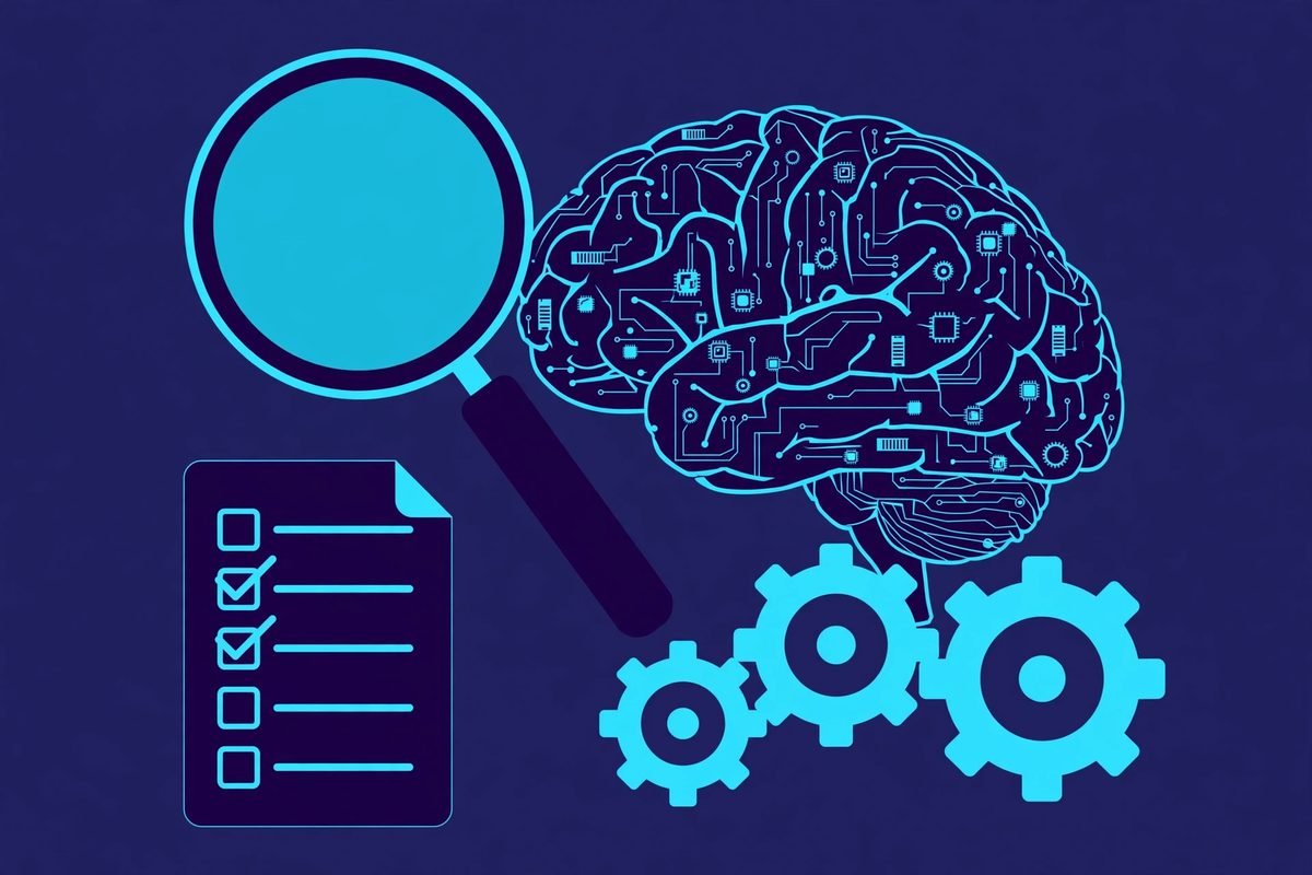 Magnifying glass inspecting an AI brain with a compliance checklist for agentic trading oversight