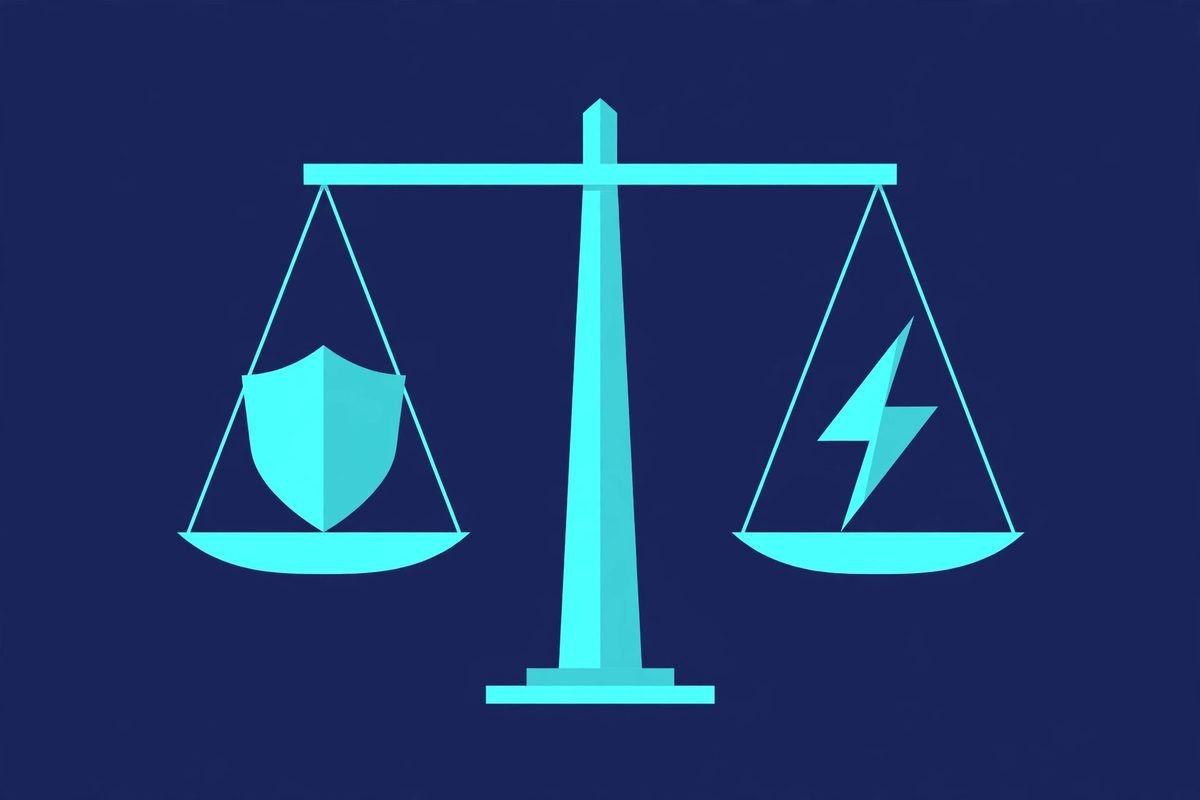 Balance scale weighing agentic trading bot risk against reward