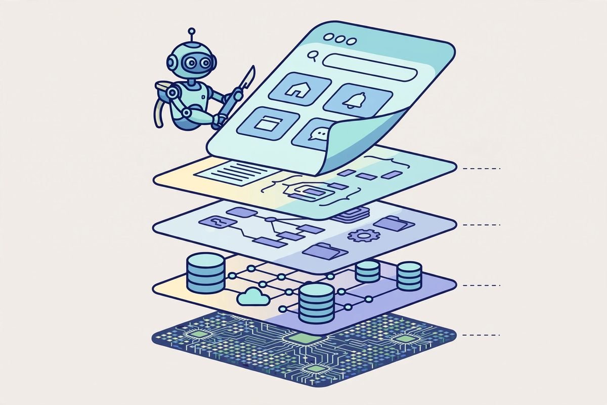 AI agent dissecting application layers down to binary illustration