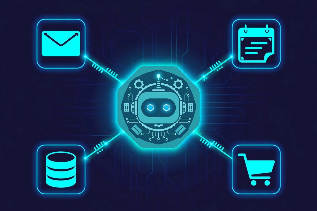 AI agent connecting business applications illustration