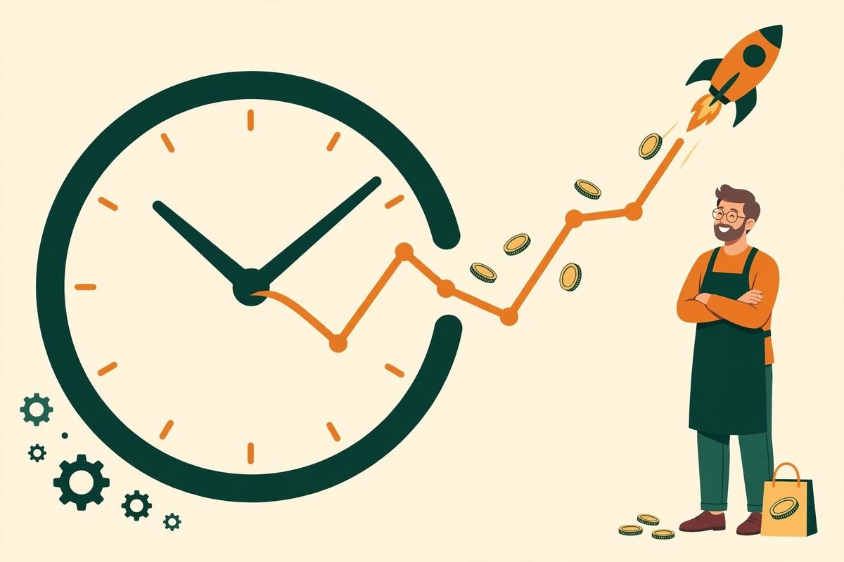 Clock transforming into growth chart showing time saved by automation