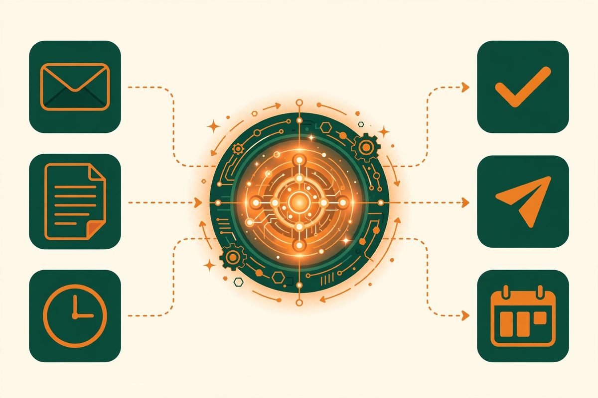 Manual business tasks flowing through an AI automation pipeline