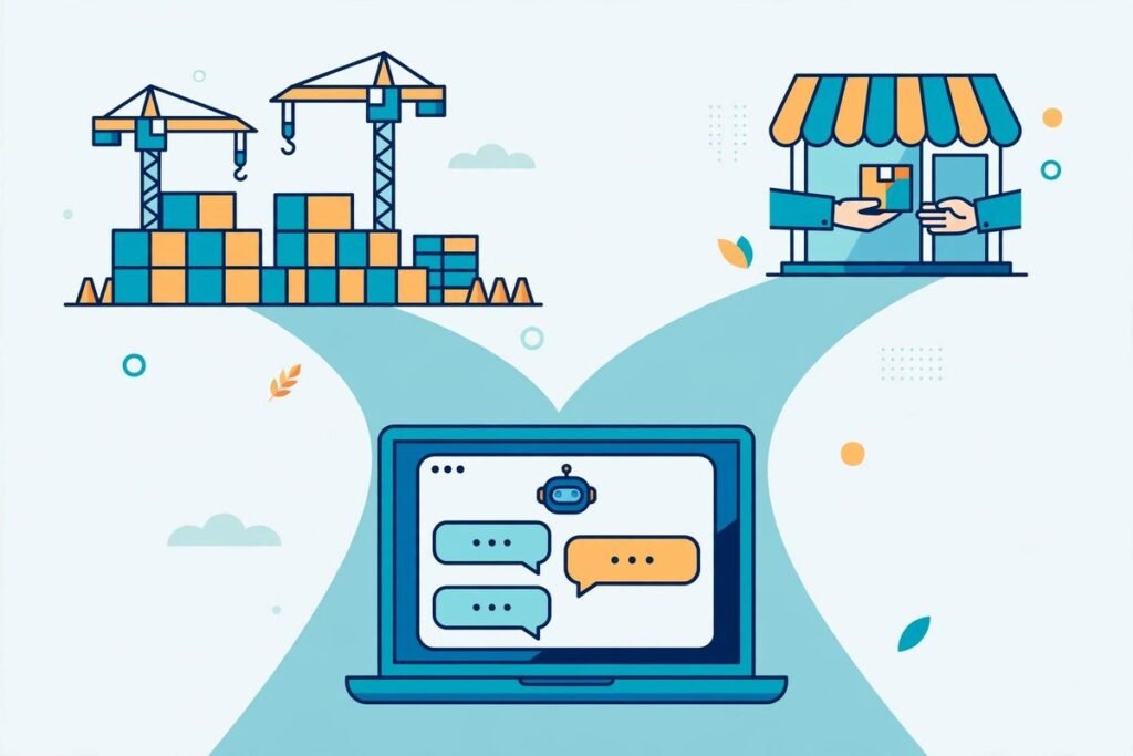 Illustration of an AI chatbot at a build-or-buy decision crossroads for a business website