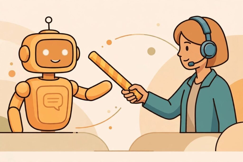 AI chatbot human handoff design showing a chatbot passing a customer conversation to a human support agent
