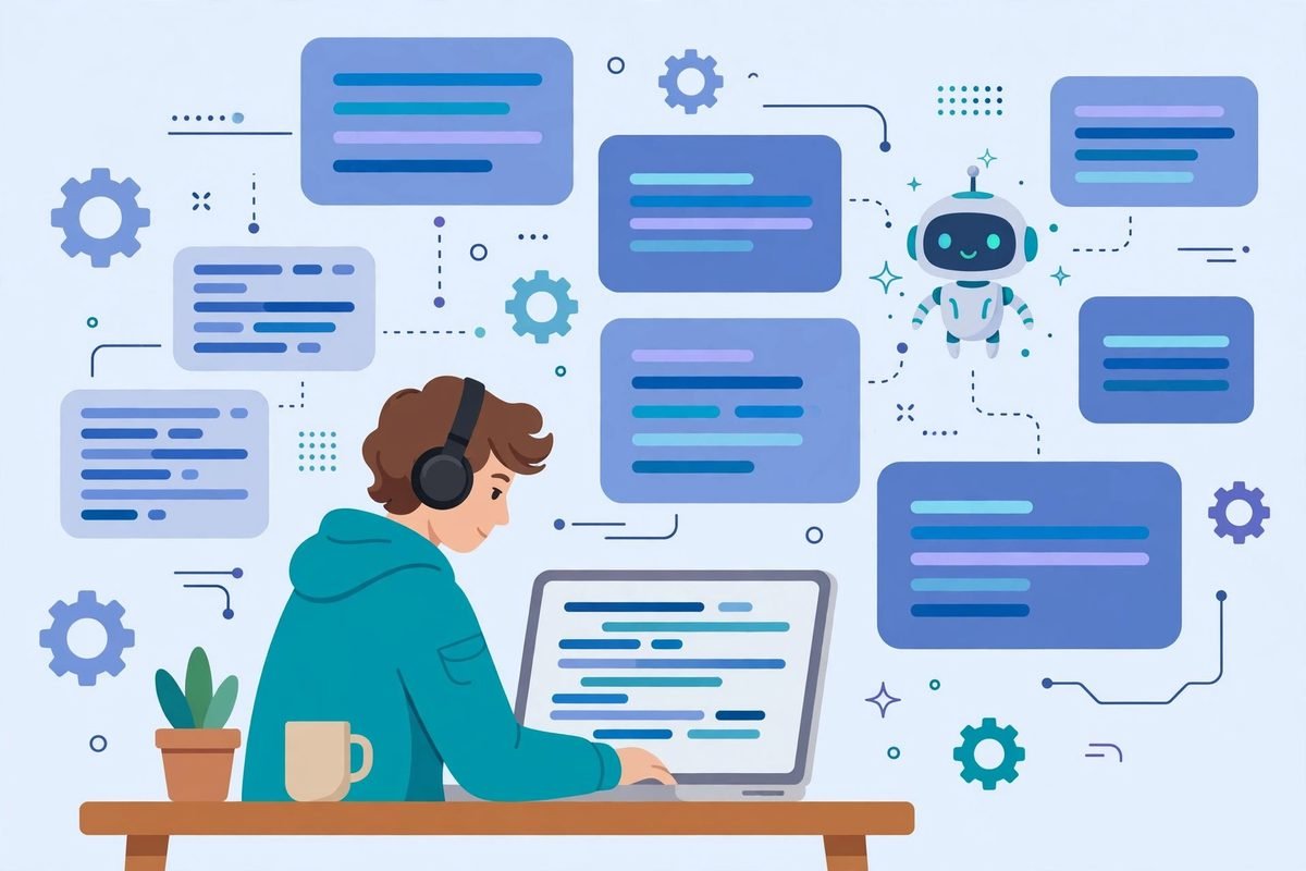 Developer using an AI coding assistant illustration