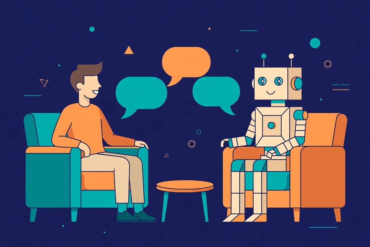 Flat vector illustration of a person doing AI interview prep with a friendly robot assistant