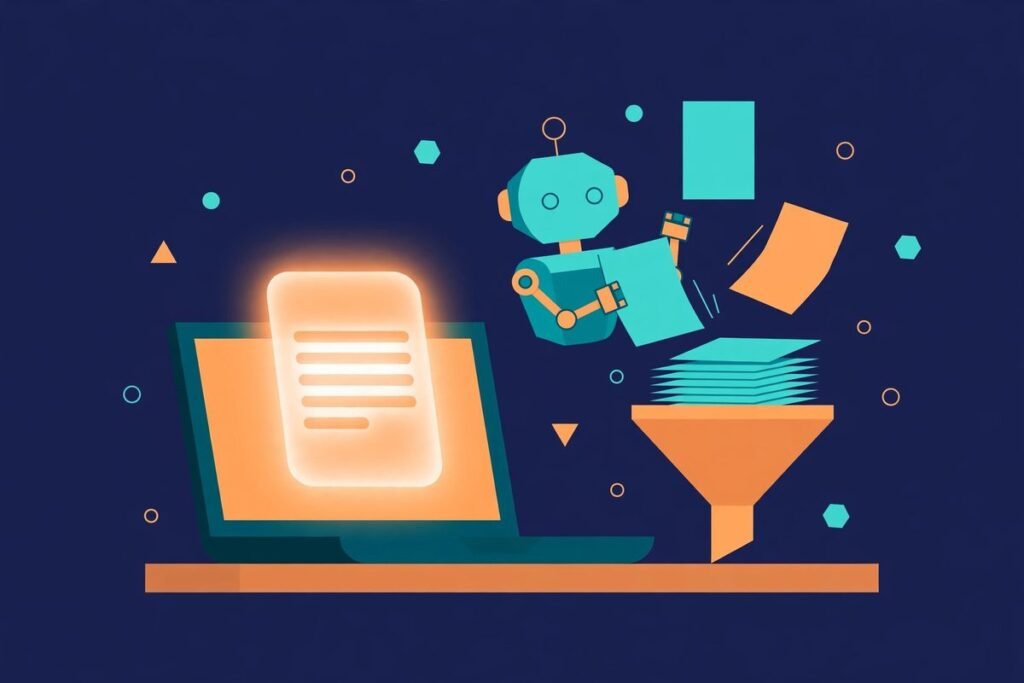 Flat vector illustration of AI job search automation open source tools sorting job postings and tailoring resumes