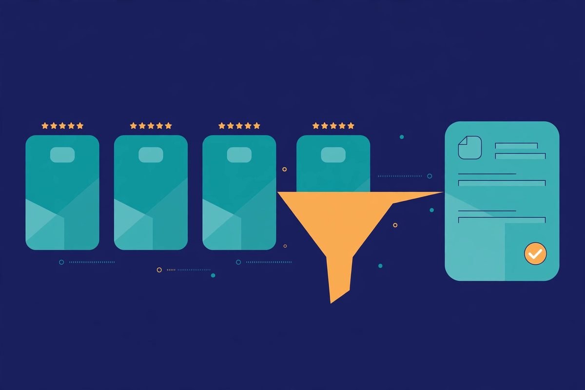 Flat vector illustration of an AI job search automation funnel ranking postings with fit ratings