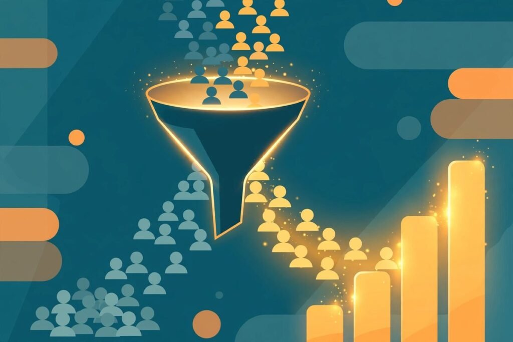 Flat vector illustration of a glowing funnel sorting incoming leads into qualified and...