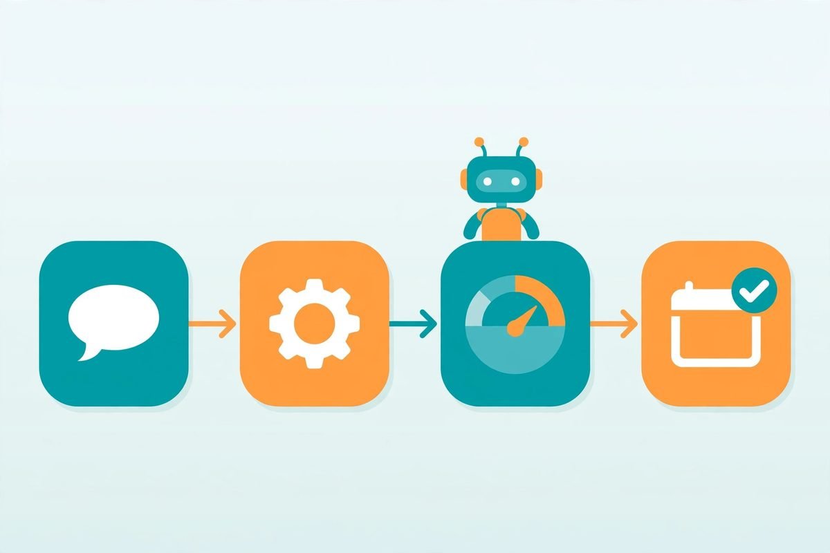 Flat vector illustration of an automation pipeline flowing from chat message to scoring dial to calendar booking