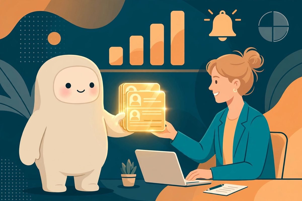 Flat vector illustration of a robot assistant handing glowing qualified lead cards to a salesperson