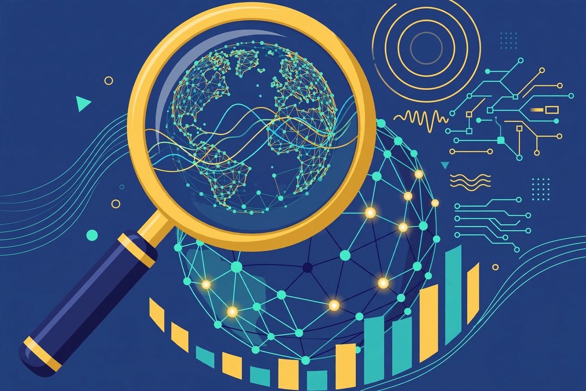 AI trading tools scanning market data for setups, flat vector illustration