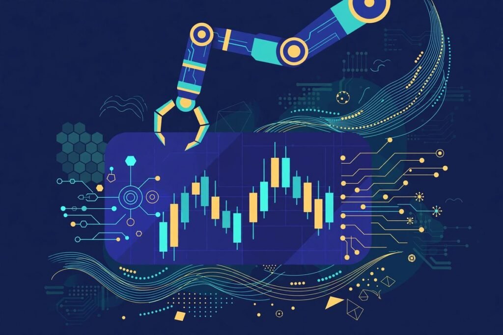 AI trading tools scanning global markets in 2026, flat vector illustration