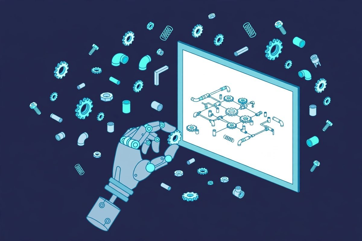 AI agent assembling isometric machine parts for a technical illustration with the Anatomy agent skill