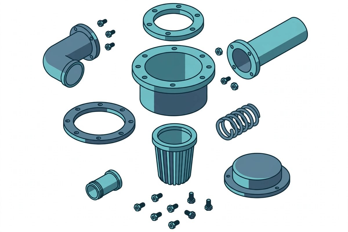 Exploded isometric view of a machine drawn by the Anatomy agent skill for technical illustrations