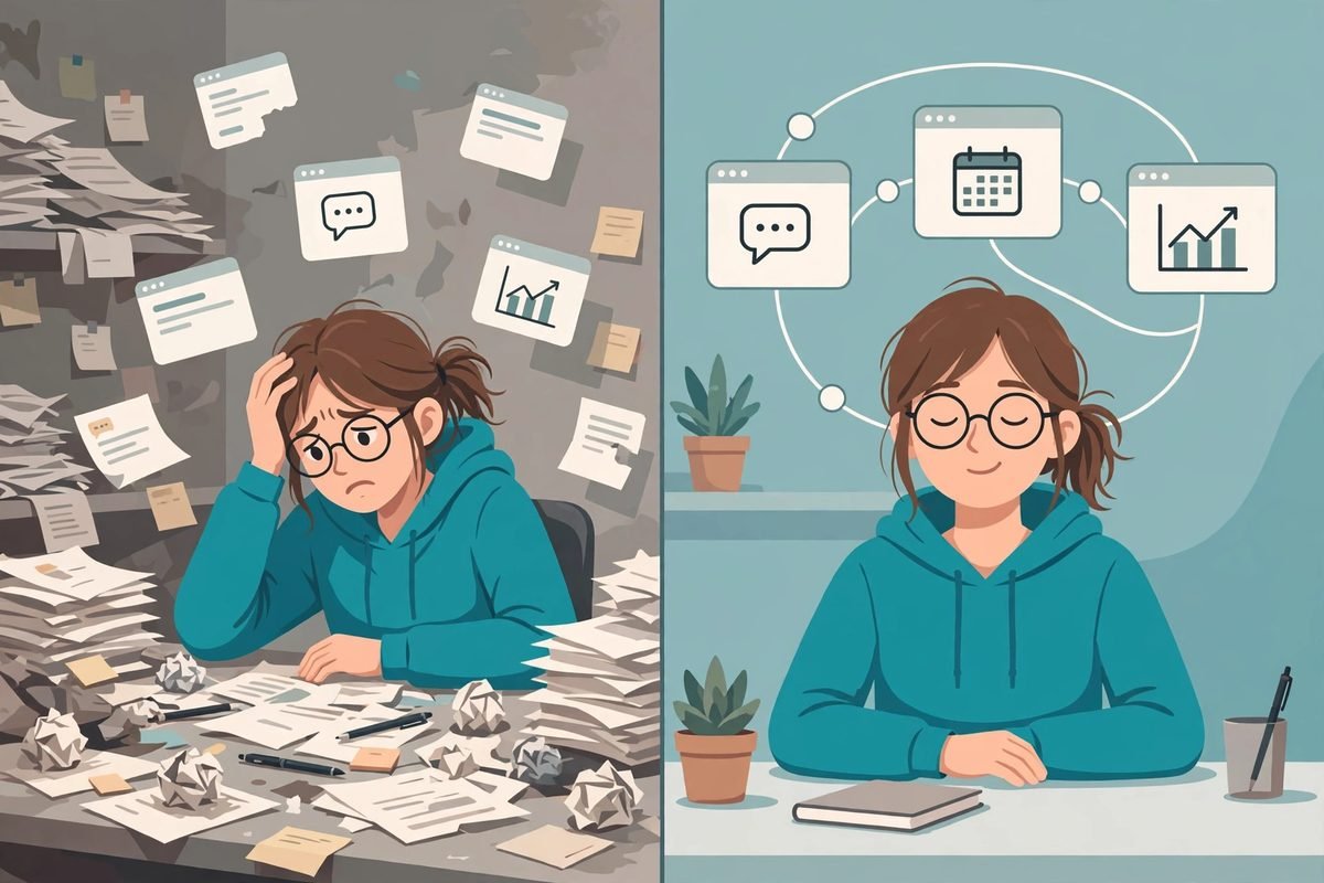 Comparison of messy manual data entry versus tidy automated integration between business apps