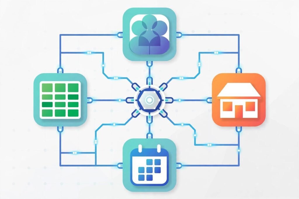 Flat vector illustration of business software tools connected through a central integration hub