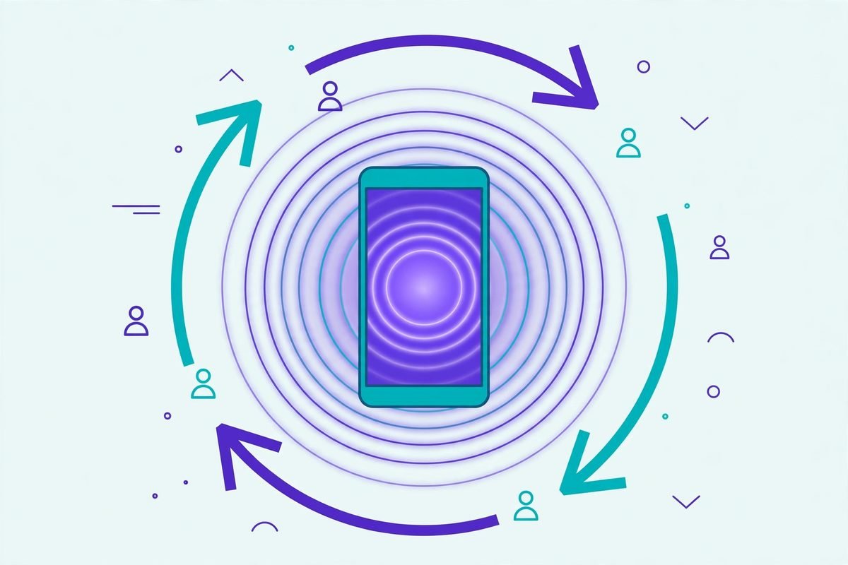 Illustration of push notifications creating a user retention loop around a smartphone