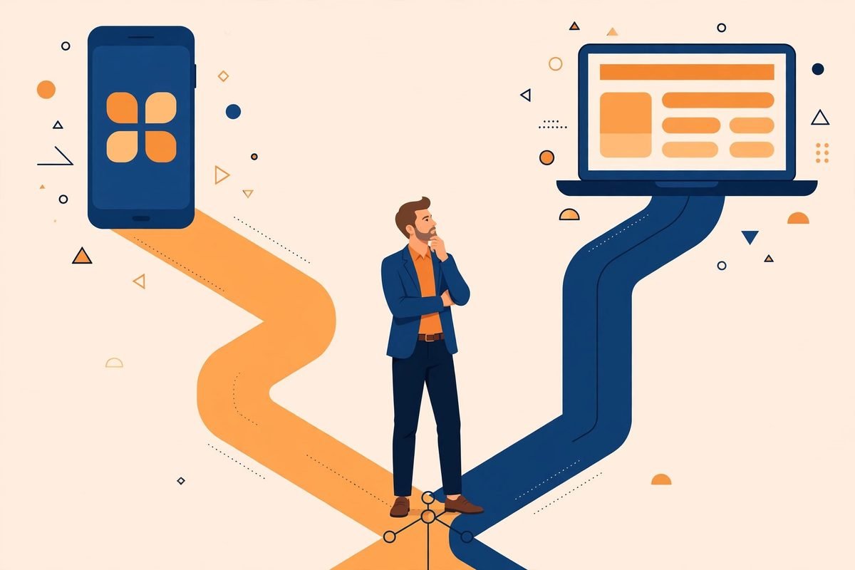 Illustration of a business owner at a crossroads choosing between a mobile app and a better website
