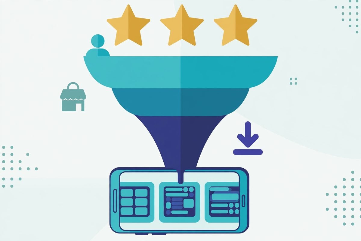 Illustration of app store screenshots with star ratings and an install conversion funnel