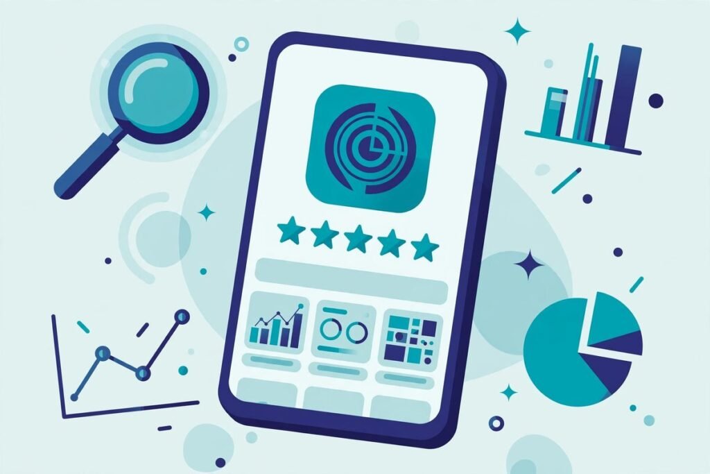 Illustration of a smartphone showing an app store listing with star rating and screenshot gallery