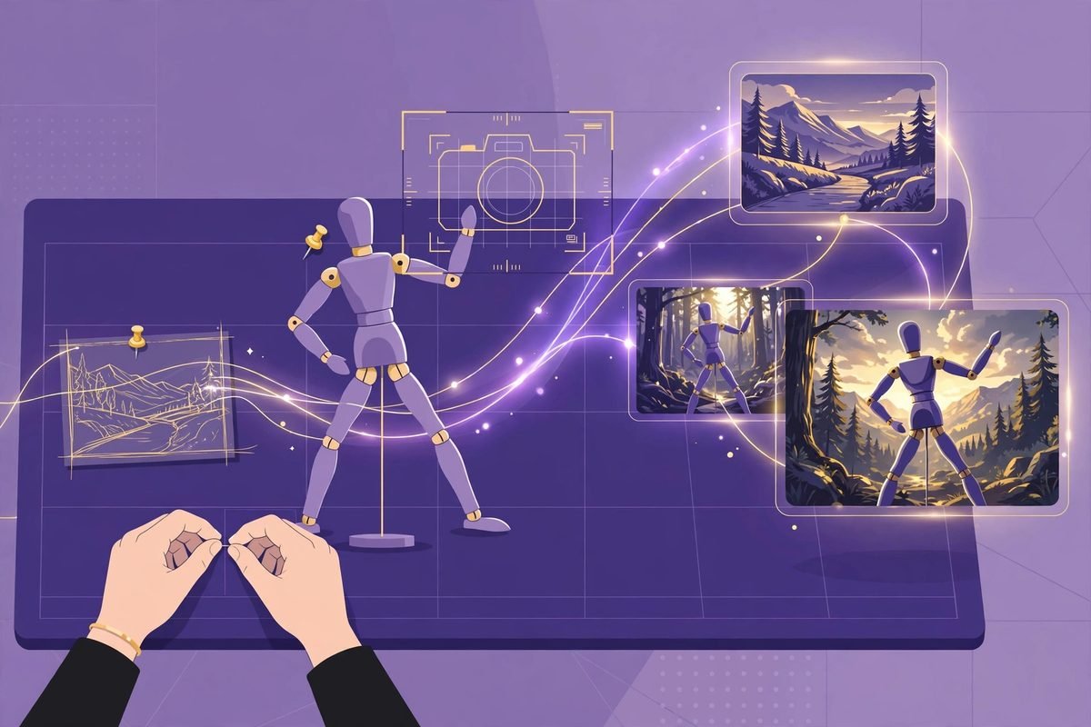Agentic AI video creation craft — filmmaker posing a character and framing shots in ArtCraft