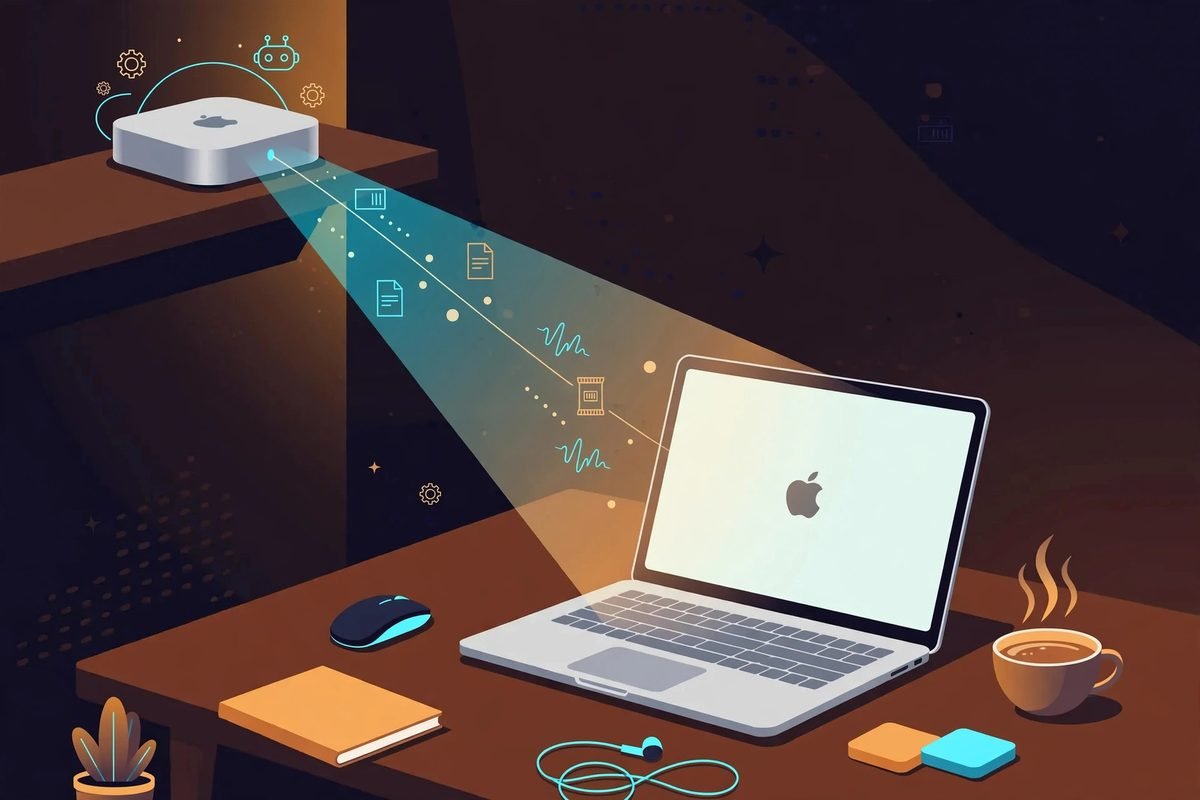 Headless Mac mini running AI agents beaming windows to a MacBook with Beam.win