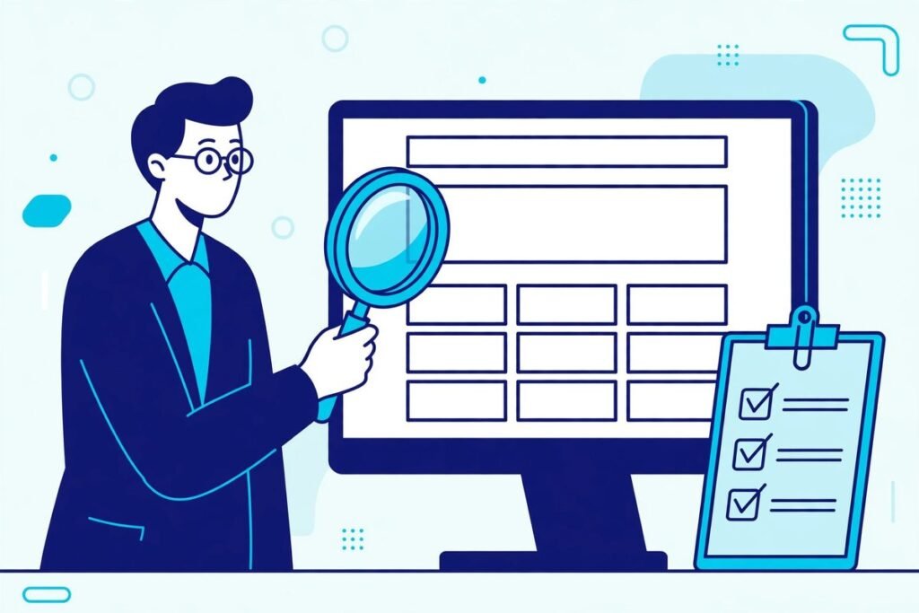 Business person reviewing a website wireframe with a magnifying glass and checklist when choosing a web development agency