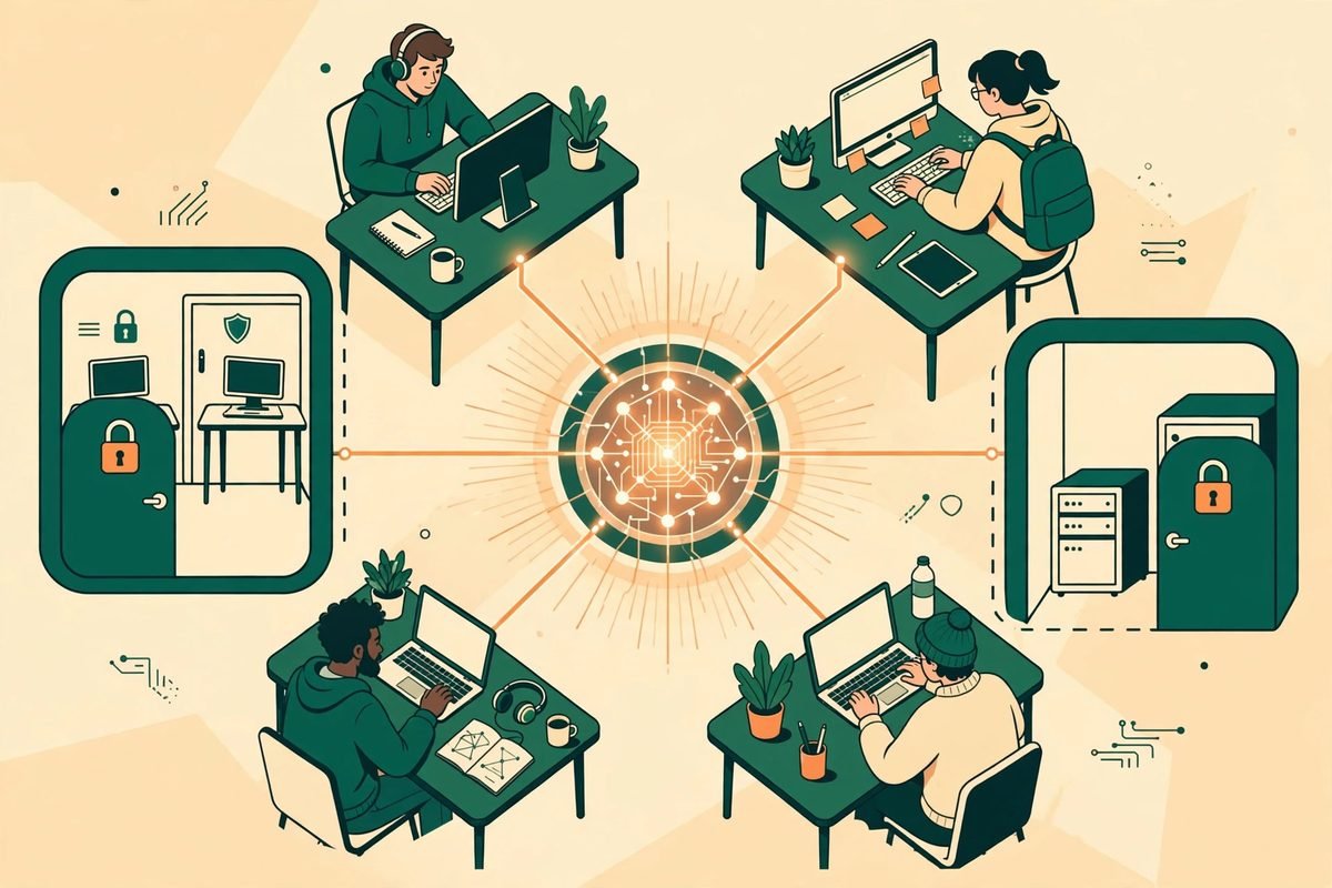 Shared team memory hub with private sections kept separate