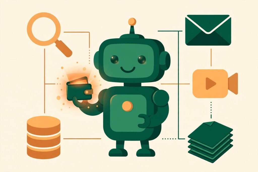 AI agent payments infrastructure - robot assistant with a digital wallet for paid tools