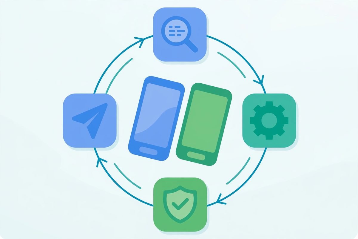 Flat vector illustration of a circular update workflow around two mobile devices