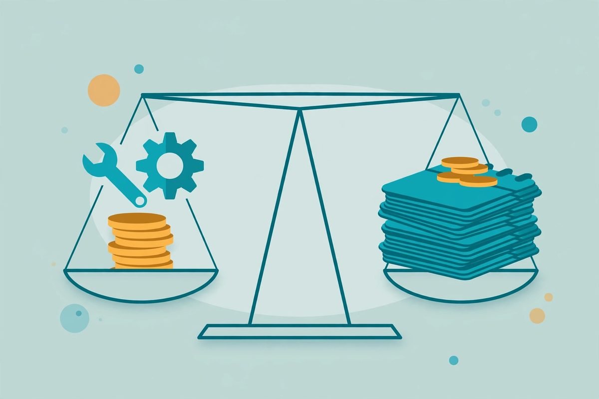 Balance scale comparing the one-time cost of building a custom CRM against recurring Salesforce or HubSpot subscription fees