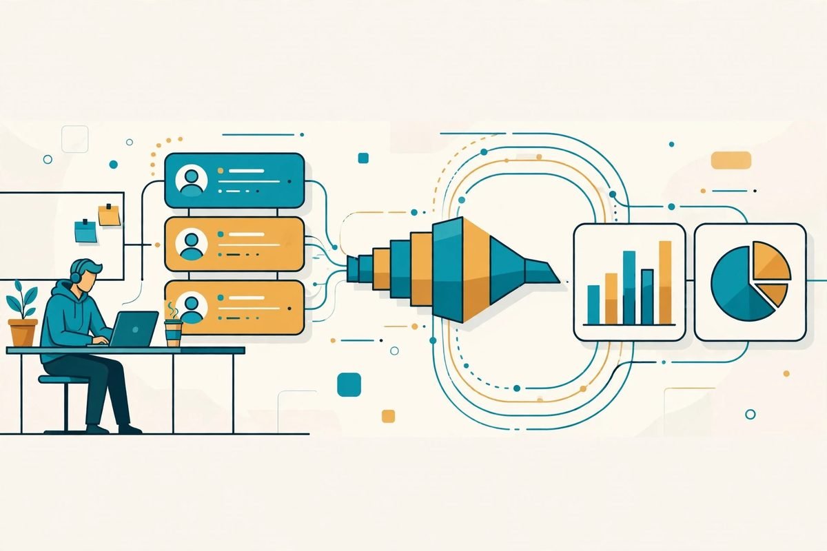 Developer assembling a custom CRM from modular components including sales pipelines, customer profiles and reports