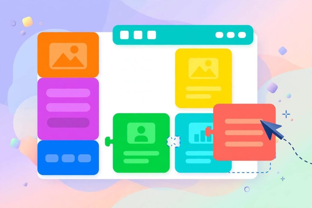 Flat vector illustration of modular content blocks being assembled into a website page layout