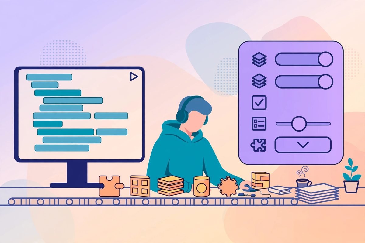 Developer building custom Gutenberg blocks with a code editor and visual field panels
