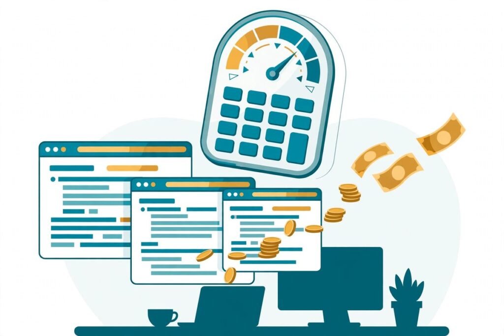 Flat vector illustration showing a budget gauge over a software dashboard with coins flowing...