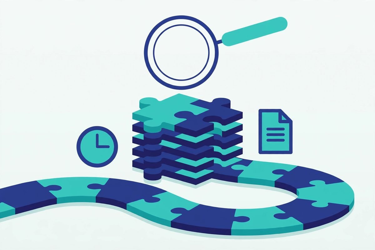 Flat vector illustration of magnifying glass over project roadmap pieces for custom software project scoping
