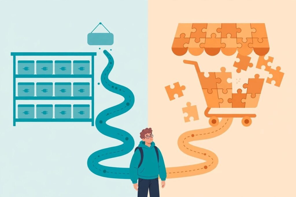 Flat vector illustration comparing generic plugin boxes with bespoke custom modules fitting...