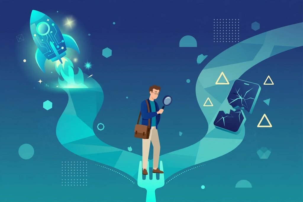 Business owner evaluating new AI tools for your business at a decision fork