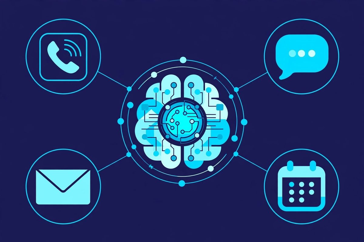 AI voice agent for business calls connecting phone calls, WhatsApp, email and calendar booking