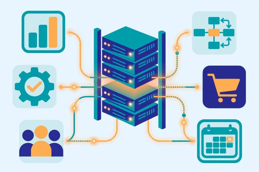Flat vector illustration of a Python API server powering internal business dashboards and workflows