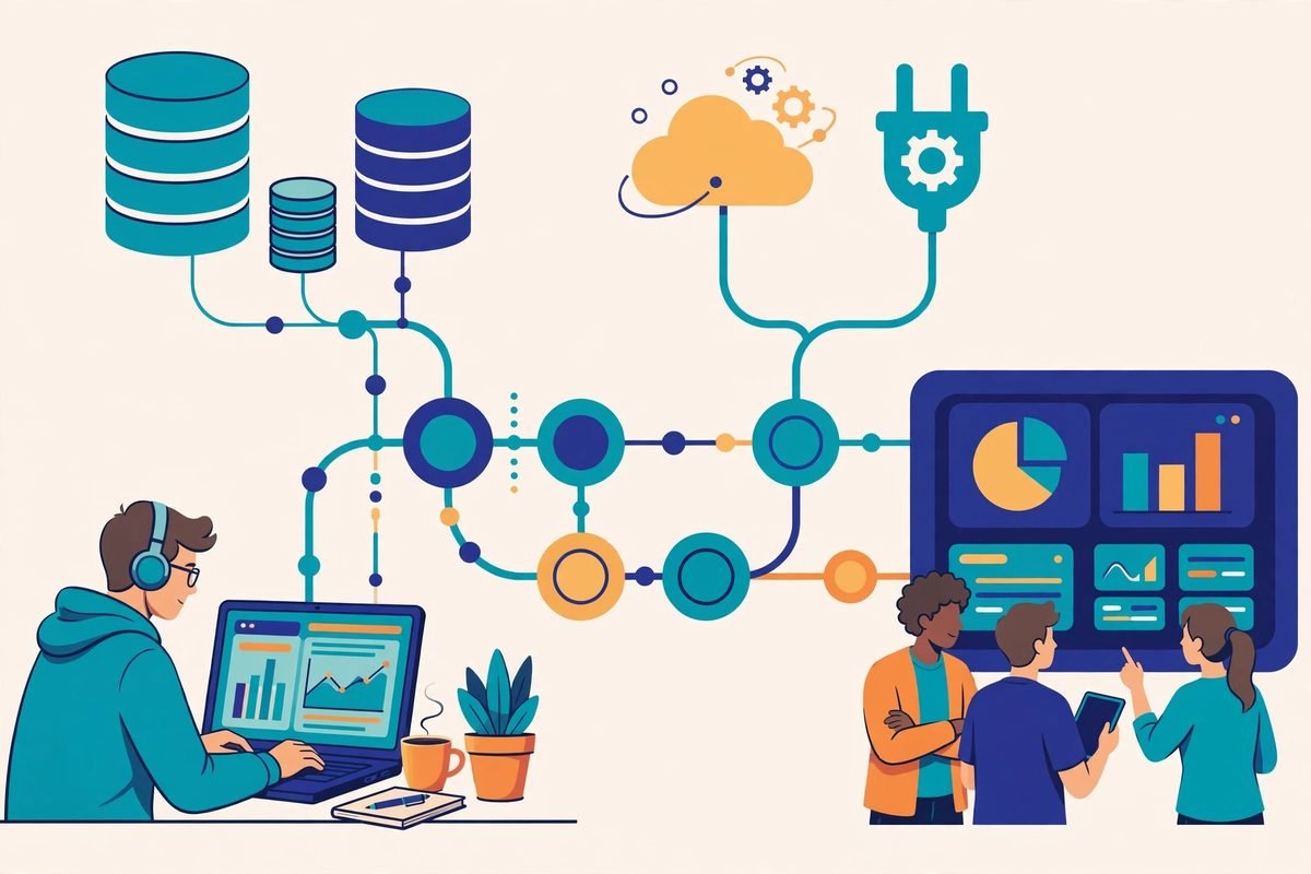 Flat vector illustration of a developer building an internal admin tool with an API data pipeline